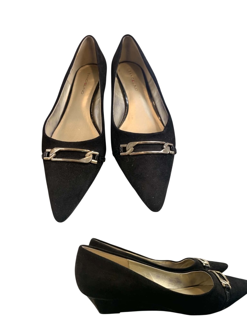 Bandolino Black Suede Pointed Toe Flats with Gold Buckle S8